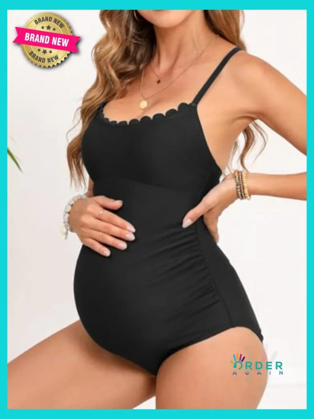 Scoop Neck Maternity Swimsuit Scalloped Lace Up Back Criss Cross Tie One Piece